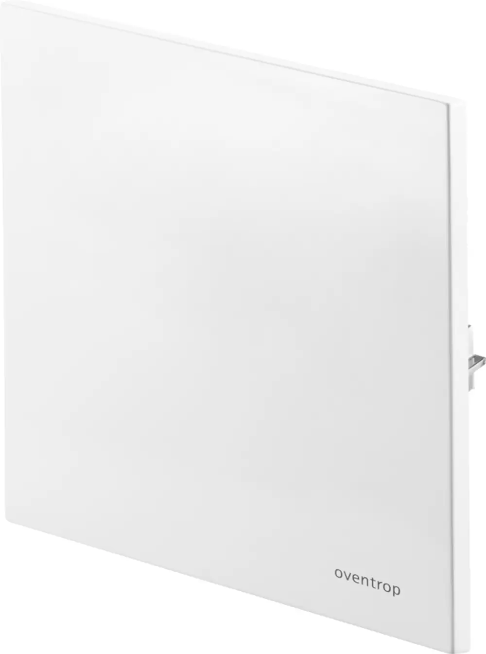 Weißes Glas-Panel von Oventrop, rechteckig und flach, als Abdeckung für Heizungs-Uniboxen geeignet, montiert an der Wand.